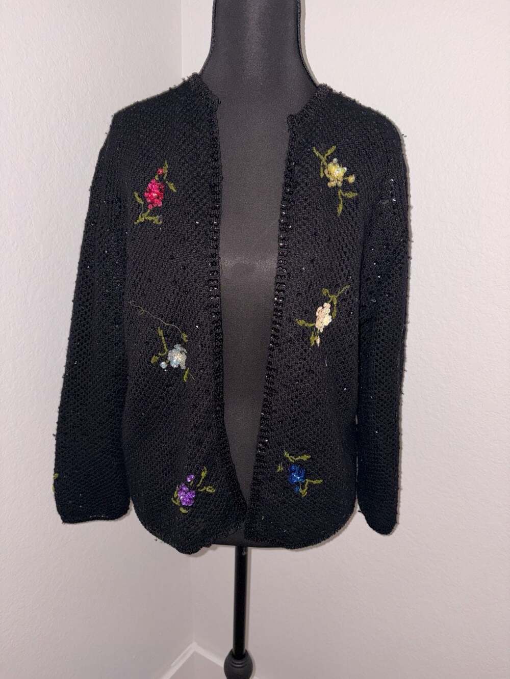 Vintage Marsina California Black Wool Floral Beaded Sequin Cardigan Sweater